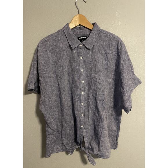 Lands' End Tops - Lands End Womens Top 2X Blue Linen Button Up Short Sleeve Neutral Lagenlook